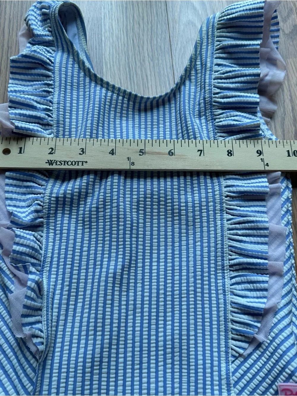RuffleButts Seersucker Waterfall One Piece Swimsuit Blue UPF 50 Size 5